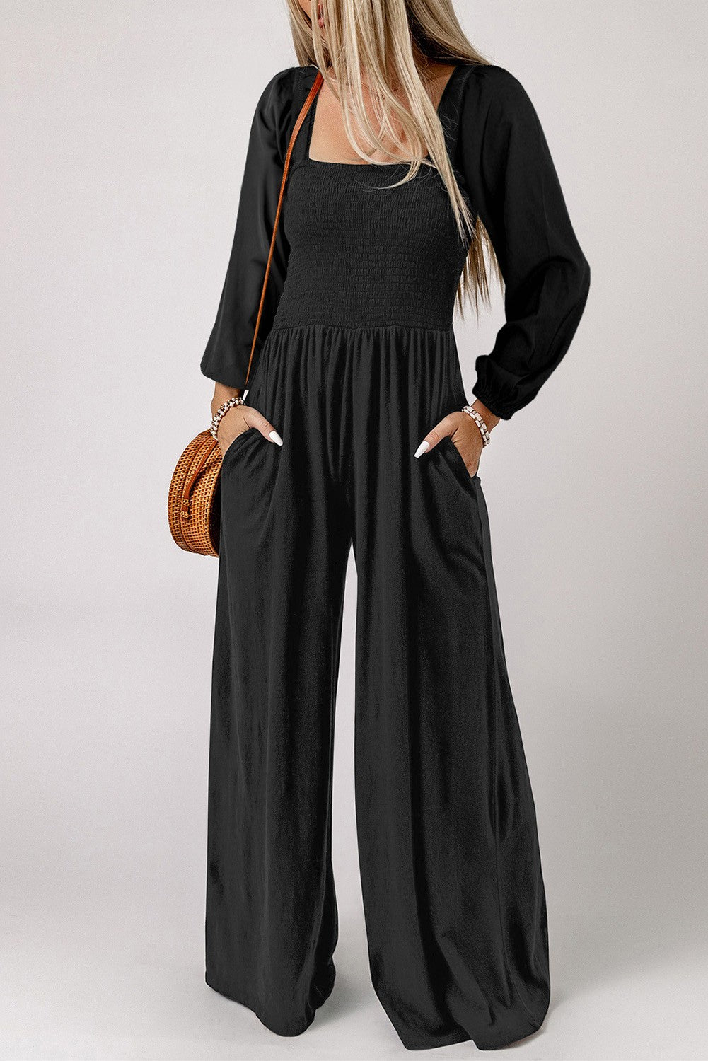 Black Smocked Long Sleeve Jumpsuit