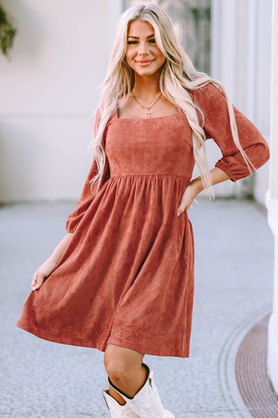 Brown Soft Suede Puff Sleeve Dress