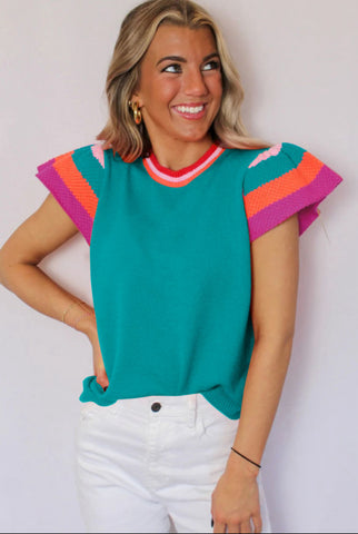 Turquoise Knit Flutter Sleeve Top