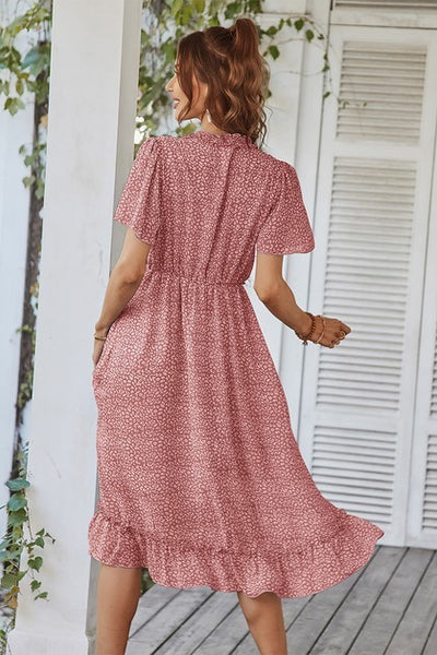 Pink V-Neck Ruffle Dress