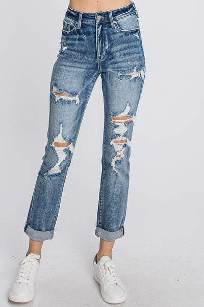 Distressed Stretch Mom Jeans