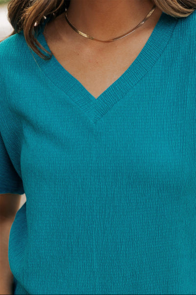 Teal Crinkled V Neck