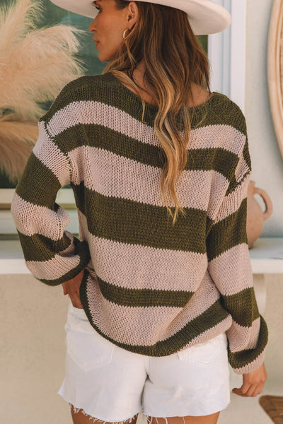 Olive and Pink Striped V Neck Sweater