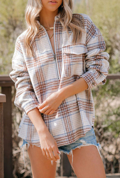 Camel Plaid Zip Top