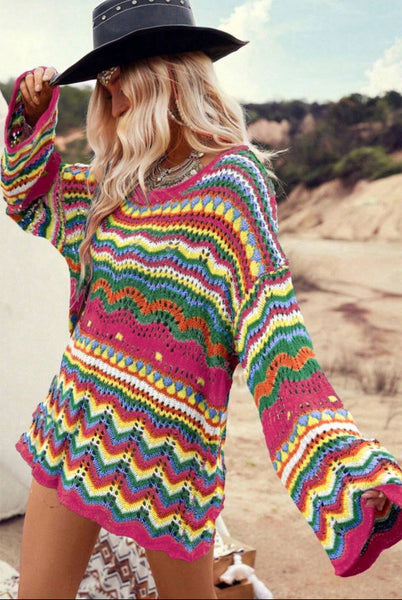 Boho Rainbow Loose Knit Sweater