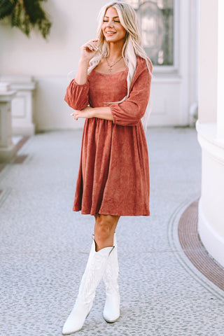 Brown Soft Suede Puff Sleeve Dress