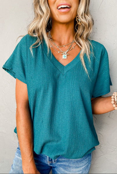 Teal Crinkled V Neck