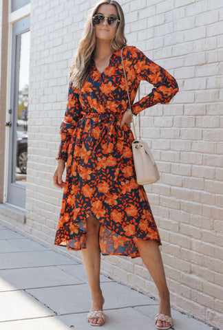 Navy Orange Floral Wrap Dress