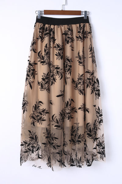 Apricot Embroidered Leaves Maxi Skirt