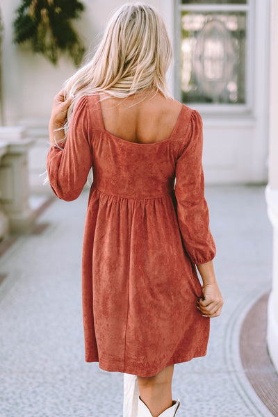 Brown Soft Suede Puff Sleeve Dress