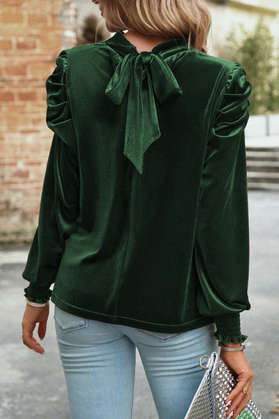 Green Velvet Puff Sleeve Blouse