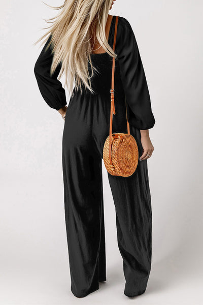 Black Smocked Long Sleeve Jumpsuit