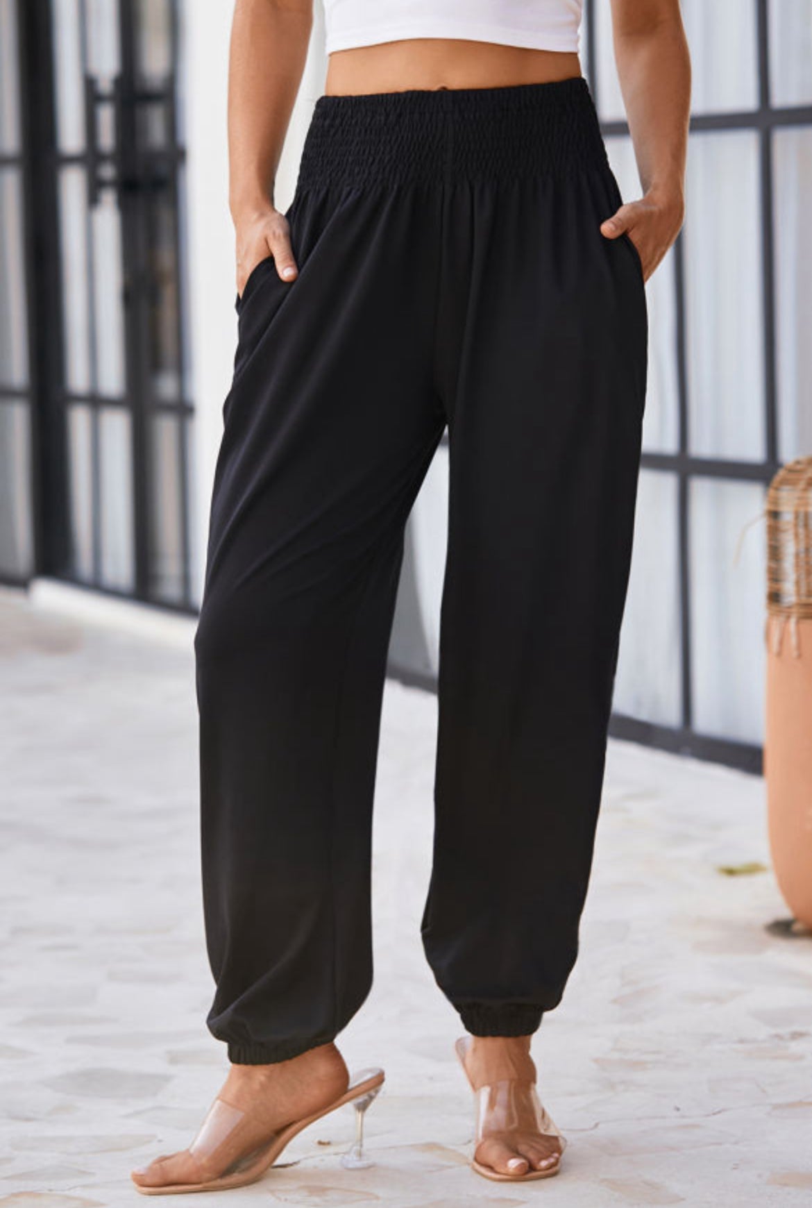 Black Smocked Joggers