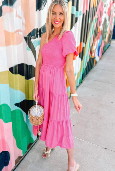 Strawberry Pink Asymmetrical Puff Sleeve Midi