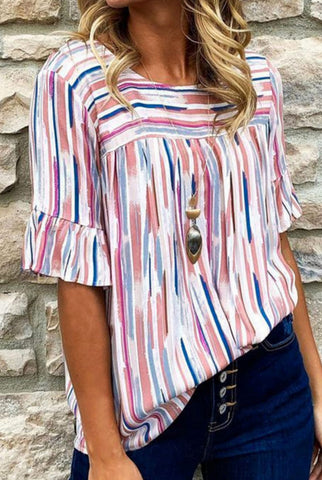 Peachy Blue Striped Ruffle Sleeve Top