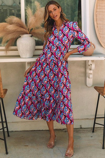 Red Geometric V-Neck Dress