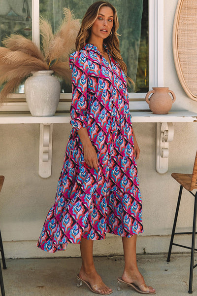 Red Geometric V-Neck Dress