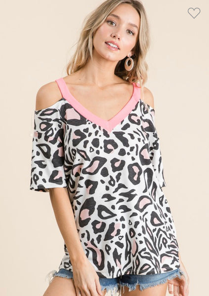 Neon Pink Leopard Cold Shoulder Top