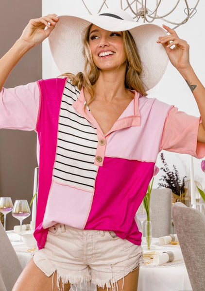 Pink Cotton Color Block Top