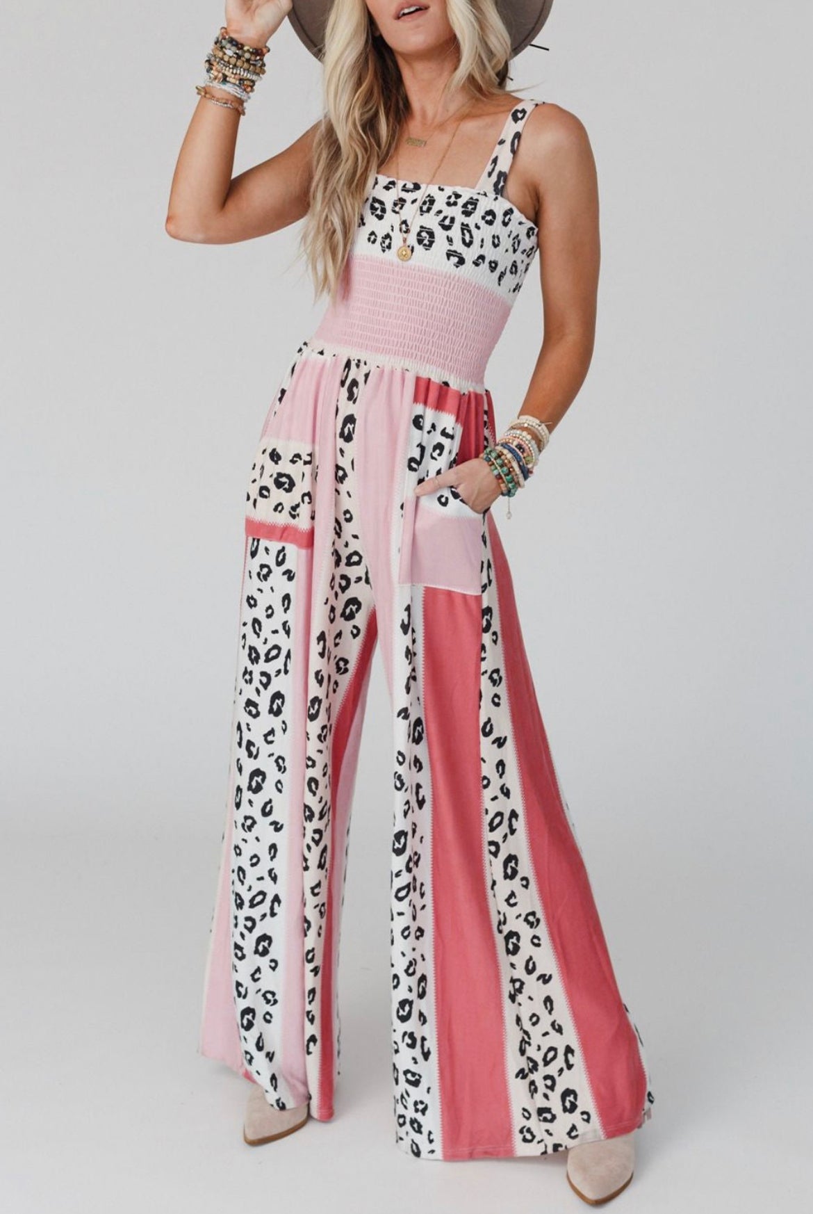 Pink Leopard Smocked Jumpsuit