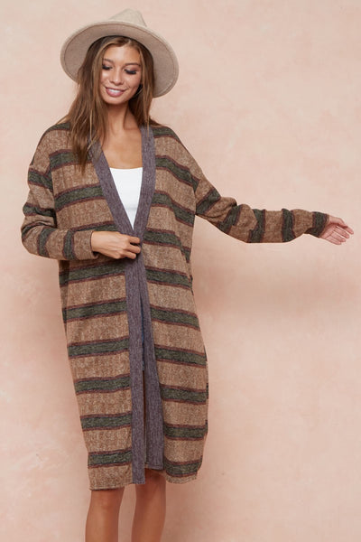 Mocha Striped Long Cardigan