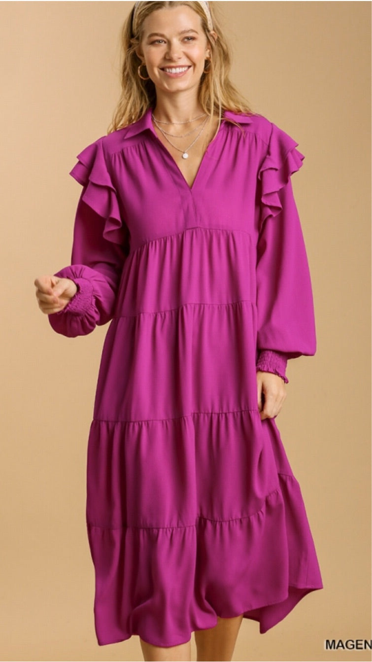 Magenta Flutter Sleeve Dress