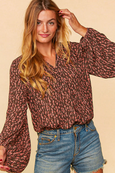 Mauve Floral Bubble Sleeve Blouse